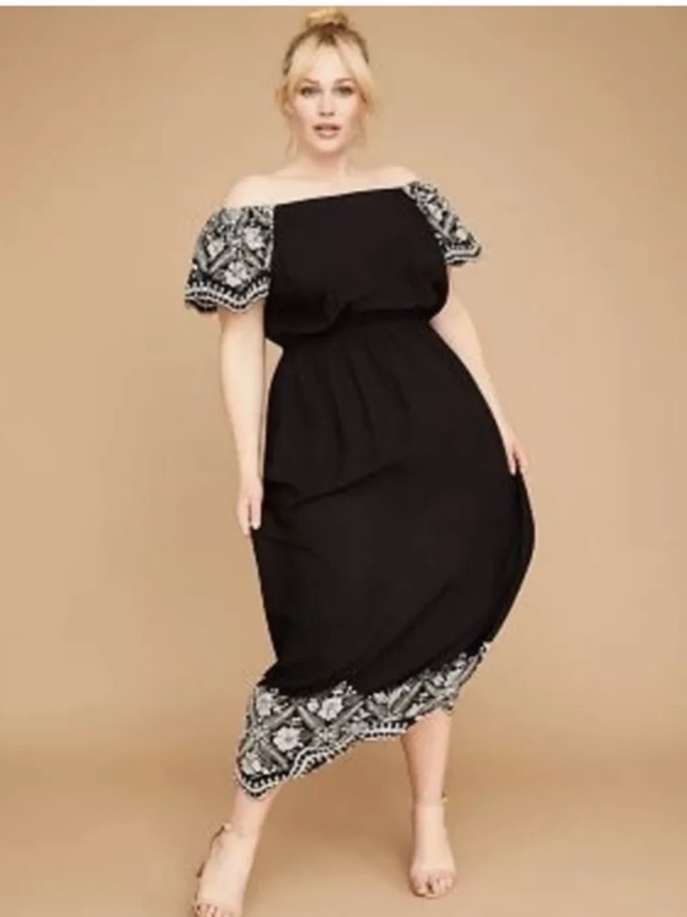 Lane Bryant NWT black embroidered sleeve and hem off the shoulder maxi dress